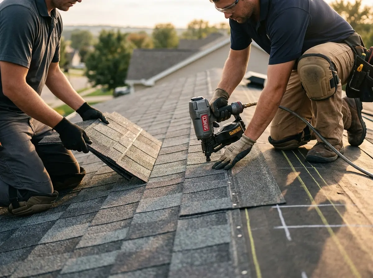 Professional roofer working on a residential roof in Pottsville